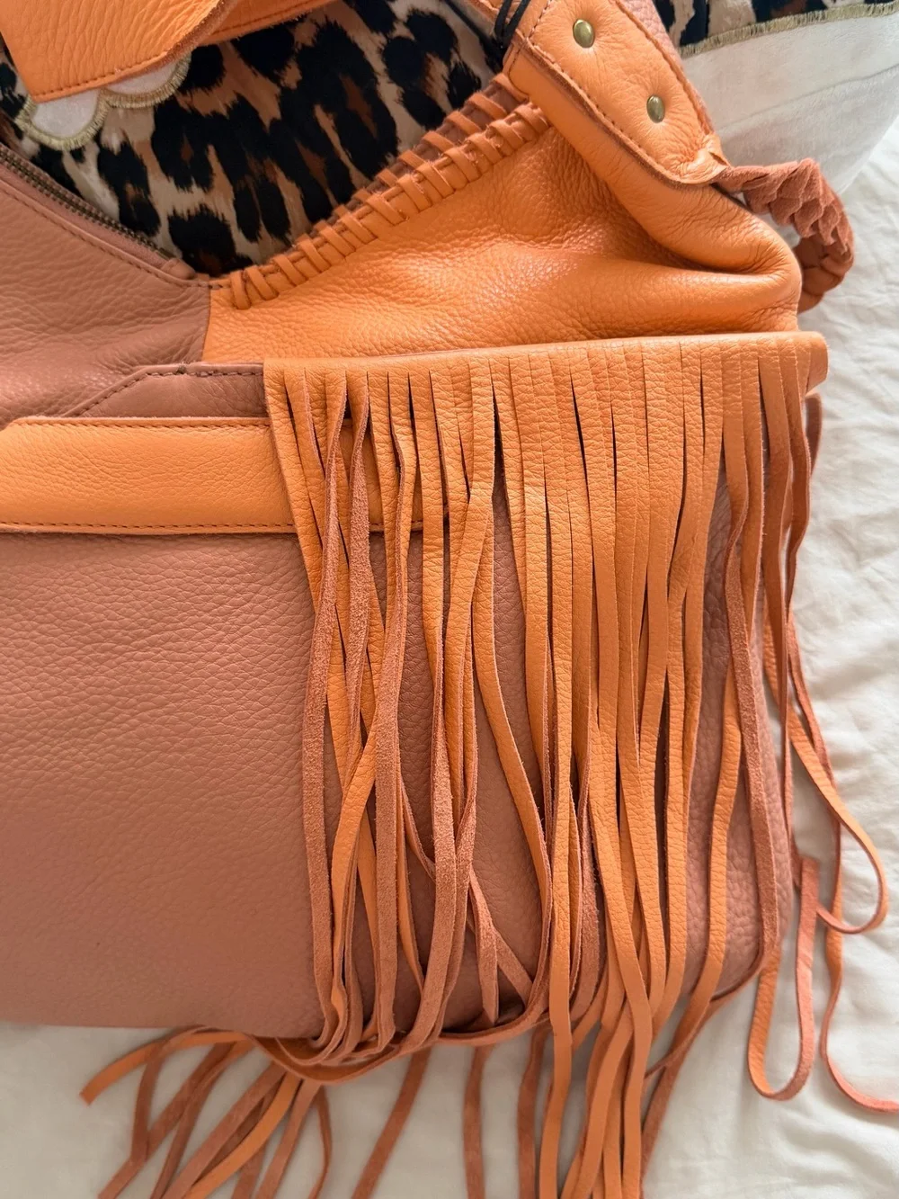 Vintage MUXO Camila Alves Leather Fringe Hobo Bag Rare Rose Peach